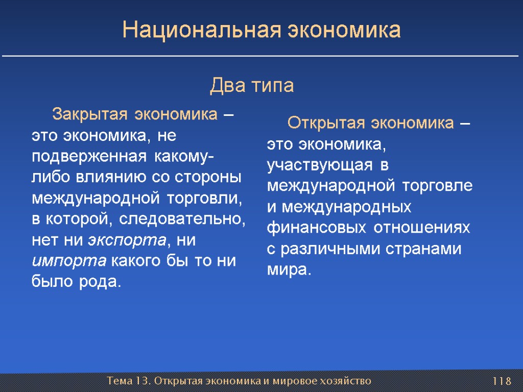 Тема 13. Открытая экономика и мировое хозяйство 118 Национальная экономика Закрытая экономика – это